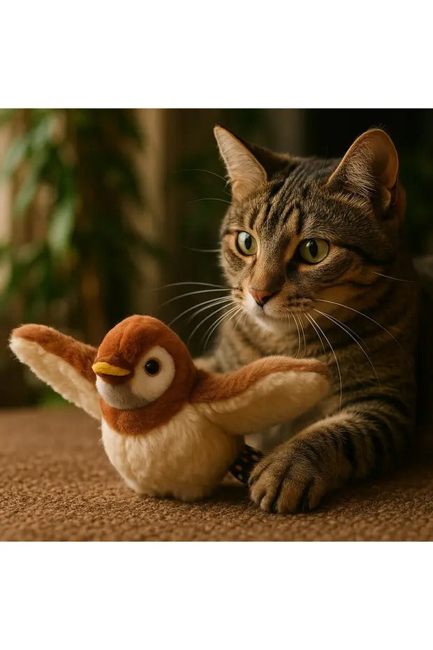 Kedi ve peluş kuş oyuncak